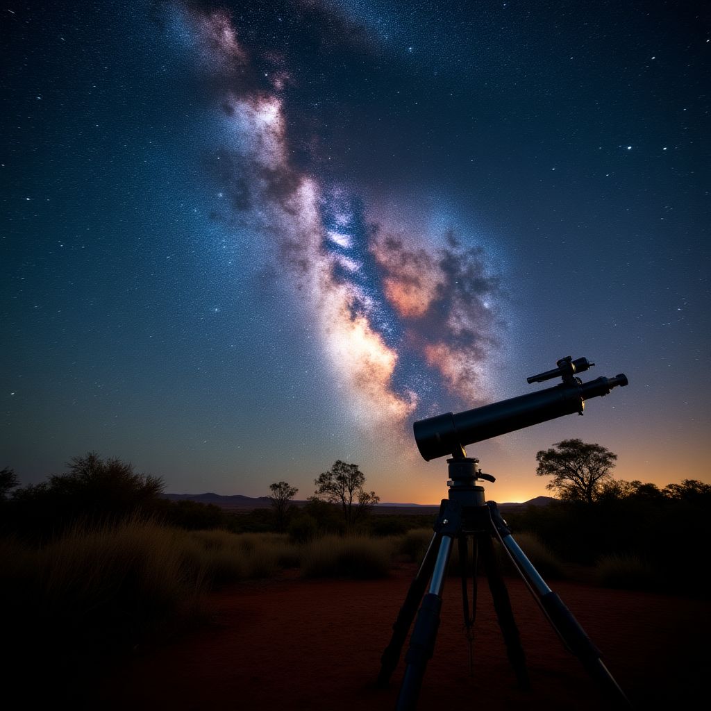 Milky Way over Australian landscape with silhouette of telescope